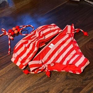 Sz S Ella Moss Isla Pink and Red Striped Bikini NEW w/Ties at Neck